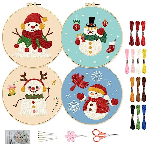 ORIGACH 4 Stück Weihnachten Schneemann Thema Stickerei Starter Kit für Anfänger, Winter Snowman Xmas Stocking Geschenke Stickerei Praxis-Kit enthalten Sticktuch, Stickrahmen, Fäden und Nadeln von ORIGACH