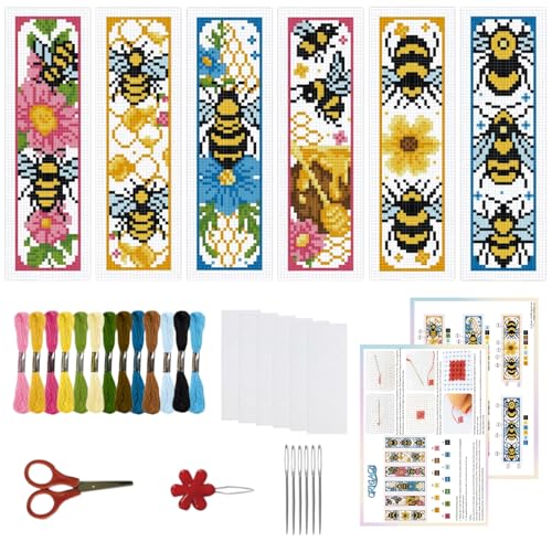 ORIGACH 6 Set Bienen Lesezeichen Kreuzstich Kits, Anfänger Kreuzstich Set Mit Anleitung Vorgedruckt Lesezeichen Kreuzstich Set für Erwachsene, 20x6 cm von ORIGACH