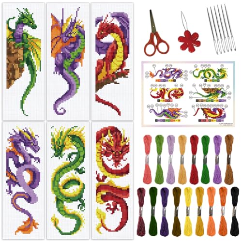 ORIGACH 6 Set Drache Und Loong Kreuzstich-Lesezeichen-Set für Anfänger mit Unterlage Filz Anleitung für Erwachsene, Buch-Liebhaber ORIGACH 6 Set Drache Und Loong Kreuzstich-Lesezeichen-Set für Anfänger mit Unterlage Filz Anleitung für Erwachsene, Buch-Liebhaber von ORIGACH