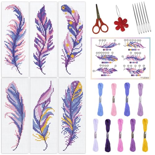 ORIGACH 6 Set Feder Kreuzstich-Lesezeichen-Set für Anfänger mit Unterlage Filz Anleitung DIY gestempelte Stickerei von ORIGACH