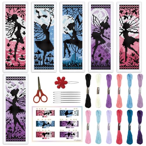 ORIGACH 6 Set Feen Silhouette Kreuzstich-Lesezeichen-Set für Anfänger mit Unterlage Filz Anleitung für Erwachsene, Buch-Liebhaber von ORIGACH