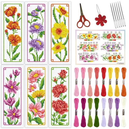 ORIGACH 6 Set Florales Kreuzstich-Lesezeichen-Set für Anfänger mit Unterlage Filz Anleitung DIY gestempelte Stickerei von ORIGACH