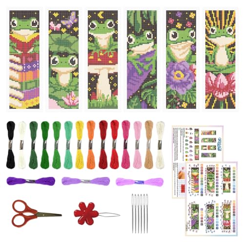 ORIGACH 6 Set Frosch Kreuzstich-Lesezeichen-Set für Anfänger mit Unterlage Filz für Erwachsene, Buch-Liebhaber von ORIGACH