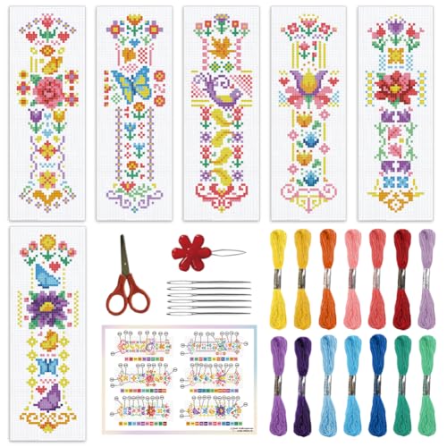 ORIGACH 6 Set Frühlingsblumen Lesezeichen Kreuzstich Kits Mit Anleitung Vorgedruckt Lesezeichen Kreuzstich Set für Erwachsene, 20x6 cm von ORIGACH