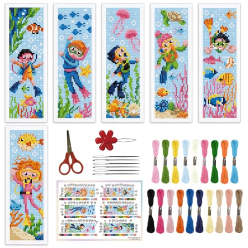 ORIGACH 6 Set Ins Meer tauchen Lesezeichen Kreuzstich Kits Mit Anleitung Vorgedruckt Lesezeichen Kreuzstich Set für Erwachsene, 20x6 cm von ORIGACH