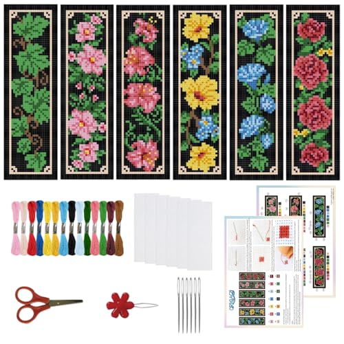 ORIGACH 6 Set Lesezeichen Kreuzstich Kits, Blumen Und Rankenmotiv Anfänger Kreuzstich Set Mit Anleitung Vorgedruckt Lesezeichen Kreuzstich Set für Erwachsene, 20x6 cm von ORIGACH