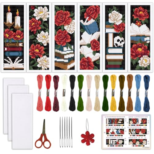 ORIGACH 6 Set Lesezeichen Kreuzstich Kits, Gothic floral style Anfänger Kreuzstich Set Mit Anleitung Vorgedruckt Lesezeichen Kreuzstich Set für Erwachsene, 21.7 x 7.62cm von ORIGACH
