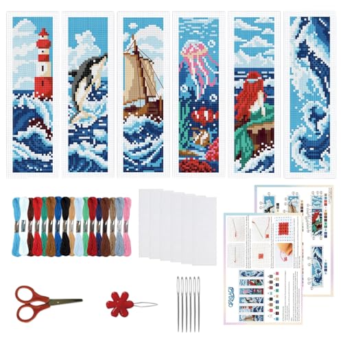 ORIGACH 6 Set Lesezeichen Kreuzstich Kits, Meereswellen Und Nautischem Motiv Anfänger Kreuzstich Set Mit Anleitung Vorgedruckt Lesezeichen Kreuzstich Set für Erwachsene, 20x6 cm von ORIGACH