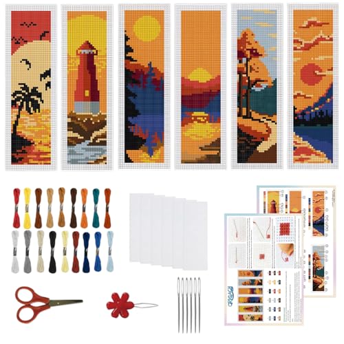 ORIGACH 6 Set Lesezeichen Kreuzstich Kits, Sonnenuntergangslandschaften Anfänger Kreuzstich Set Mit Anleitung Vorgedruckt Lesezeichen Kreuzstich Set für Erwachsene, 20x6 cm von ORIGACH
