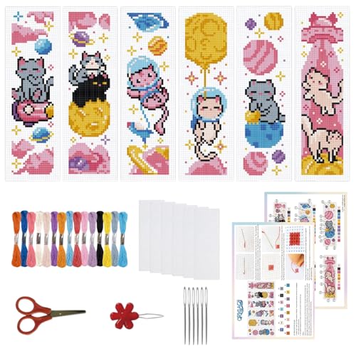 ORIGACH 6 Set Lesezeichen Kreuzstich Kits, Süße Katzen Im Weltraum Anfänger Kreuzstich Set Mit Anleitung Vorgedruckt Lesezeichen Kreuzstich Set für Erwachsene, 20x6 cm von ORIGACH