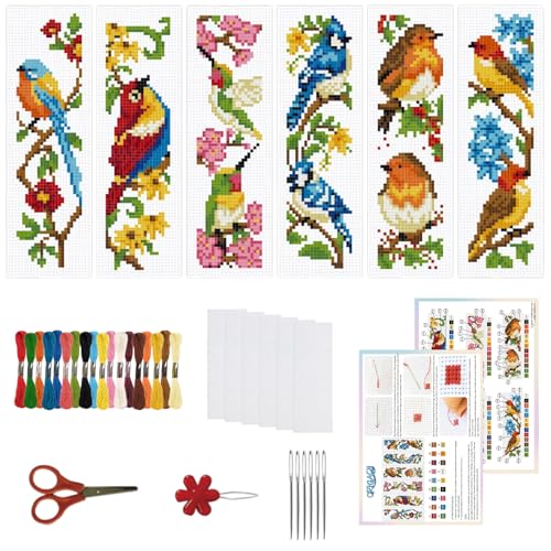ORIGACH 6 Set Lesezeichen Kreuzstich Kits, Vögeln Und Blumen Anfänger Kreuzstich Set Mit Anleitung Vorgedruckt Lesezeichen Kreuzstich Set für Erwachsene, 20x6 cm von ORIGACH