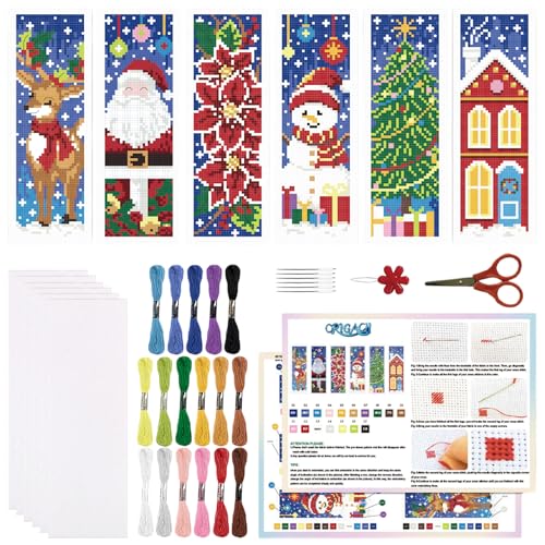 ORIGACH 6 Set Lesezeichen Kreuzstich Kits, Weihnachten Anfänger Kreuzstich Set Mit Anleitung Vorgedruckt Lesezeichen Kreuzstich Set für Erwachsene, 20.4 x 7.2cm von ORIGACH