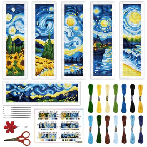 ORIGACH 6 Set Lesezeichen Kreuzstich Kits, Wirbelnder Nachthimmel Anfänger Kreuzstich Set Mit Anleitung Vorgedruckt Lesezeichen Kreuzstich Set für Erwachsene, 20x6 cm von ORIGACH