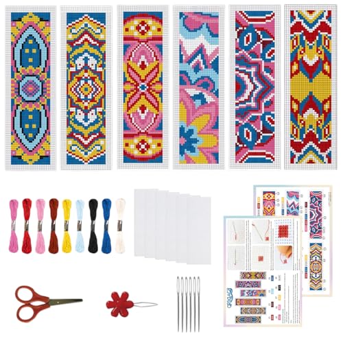 ORIGACH 6 Set Mandala Muster Lesezeichen Kreuzstich Kits, Vorgedruckt Lesezeichen Kreuzstich Set für Erwachsene, 20x6 cm von ORIGACH