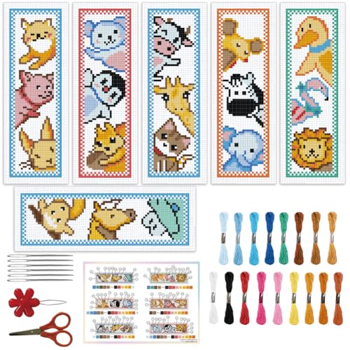 ORIGACH 6 Set Tieren Lesezeichen Kreuzstich Kits Mit Anleitung Vorgedruckt Lesezeichen Kreuzstich Set für Erwachsene, 20x6 cm von ORIGACH
