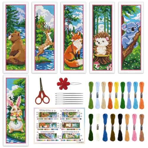 ORIGACH 6 Set Waldtieren Lesezeichen Kreuzstich Kits Mit Anleitung Vorgedruckt Lesezeichen Kreuzstich Set für Erwachsene, 20x6 cm von ORIGACH