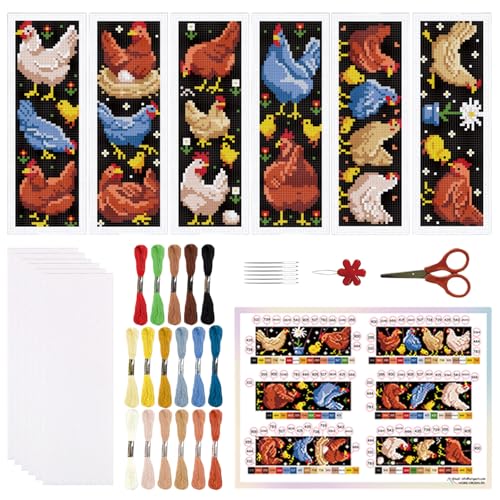 ORIGACH 6 Stück Hühner Kreuzstich-Lesezeichen-Set für Anfänger mit Unterlage Filz Anleitung DIY gestempelte Stickerei Lesezeichen-Set für Erwachsene, Buch-Liebhaber, 21.7 x 7.6 cm von ORIGACH