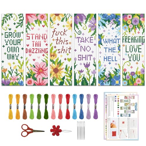 ORIGACH 6 Stück Lesezeichen Kreuzstich Kits, Blumen und Sprüche Anfänger Kreuzstich Set Mit Anleitung Vorgedruckt Lesezeichen Kreuzstich Set für Erwachsene, 20x6 cm von ORIGACH