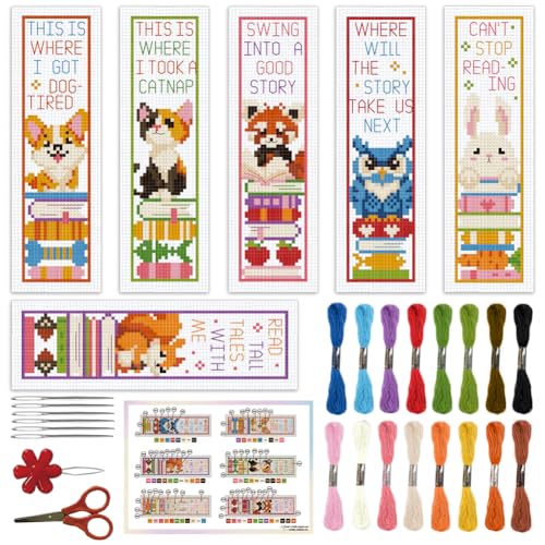 ORIGACH 6 Stück Lesezeichen Kreuzstich Kits, Süße Tiere Und Bücher Anfänger Kreuzstich Set Mit Anleitung Vorgedruckt Lesezeichen Kreuzstich Set für Erwachsene, 20x6 cm von ORIGACH