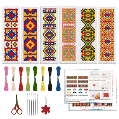 ORIGACH 6 Stück Lesezeichen Kreuzstich Kits, Vintage Muster Anfänger Kreuzstich Set Mit Anleitung Vorgedruckt Lesezeichen Kreuzstich Set für Erwachsene, 20x6 cm von ORIGACH