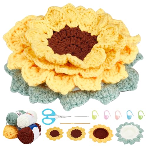 ORIGACH 6 Stück Sonnenblume Untersetzer im Korb Häkel-Start-Set, Untersetzer-Strick-Häkel-Set für Anfänger Erwachsene, komplettes Häkel-Zubehör Werkzeug mit Häkelnadeln, Garn, Anleitung und Video von ORIGACH