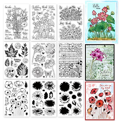 ORIGACH 9 Blätter verschiedene Stil Pflanzen und Blumen Clear Stamps Silikon Transparent Stamps für Karte machen Dekoration und DIY Scrapbooking von ORIGACH