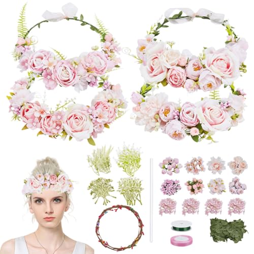 ORIGACH 99 Pcs DIY Blumenkranz Stirnband Set Haarreif Rosa Blumen Basteln Kit Selber Machen Blumengirlande Blumenkranz Haare Deko Für Hochzeit Geburtstag Party Urlaub von ORIGACH