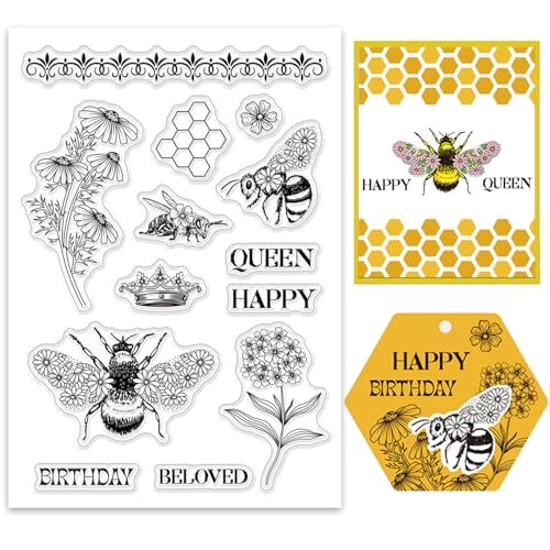 ORIGACH Biene Blumen Klarer Stempel für die Kartenherstellung Happy Birthday Biene Transparent Silicone Stempel für DIY Scrapbooking, Journaling, Fotoalbum und Bastelbedarf von ORIGACH