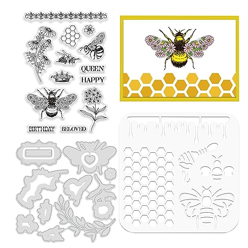 ORIGACH Biene Blumen Stempel und Schablonen Sets für die Kartenherstellung Happy Birthday Biene Metall Stanzformen Silikonstempel und PET Schablonen Sets für DIY Scrapbooking Dekorative Alben von ORIGACH