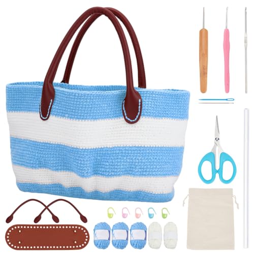 ORIGACH Blau Gestreifte Häkelset Tasche Mit PU Lederband Und Boden Komplettes Häkelset Zum Herstellen Einer Tasche Garn Einschließen Häkelnadeln Markierungen Und Anleitung ORIGACH Blau Gestreifte Häkelset Tasche Mit PU Lederband Und Boden Komplettes Häkelset Zum Herstellen Einer Tasche Garn Einschließen Häkelnadeln Markierungen Und Anleitung von ORIGACH