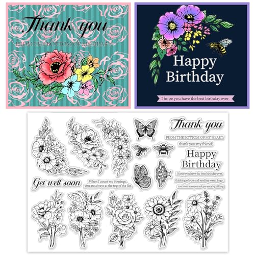 ORIGACH Blumen und Segen Worte Große klare Stempel für Kartenherstellung Blumen Schmetterling Biene und Sprüche Transparente Silikonstempel für DIY Scrapbooking und Album dekorative von ORIGACH