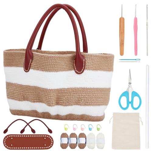 ORIGACH DIY Häkelhandtasche Kit für Anfänger, Khaki Gestreifte Häkeltasche mit PU-Lederband und Basis, komplettes Häkelset zur Herstellung einer Tasche, enthalten Garn, Häkelnadeln, Marker und von ORIGACH