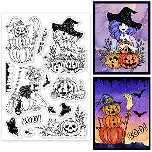 ORIGACH Halloween Hexe Klarer Stempel für Kartenherstellung Halloween Hexe Kürbisse Geister Transparente Silikonstempel für DIY Scrapbooking Journaling Fotoalbum Dekorativ von ORIGACH