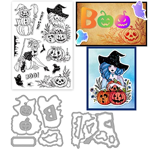 ORIGACH Halloween Hexe klare Stempel und Stanzformen Set für Kartenherstellung, Halloween Kürbis Geist Fledermaus Silikonstempel und Stanzschablonen für DIY Scrapbooking Handwerk Grußkarte Dekor von ORIGACH