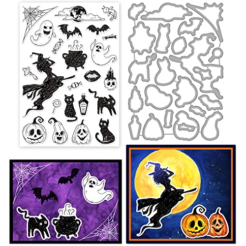 ORIGACH Halloween Themed Klare Stempel und Stanzformen Set für Kartenherstellung Halloween Hexe Kürbis Geist Silikonstempel Stanzschablonen Stanzen für DIY Scrapbooking Handwerk Grußkarte Dekor von ORIGACH