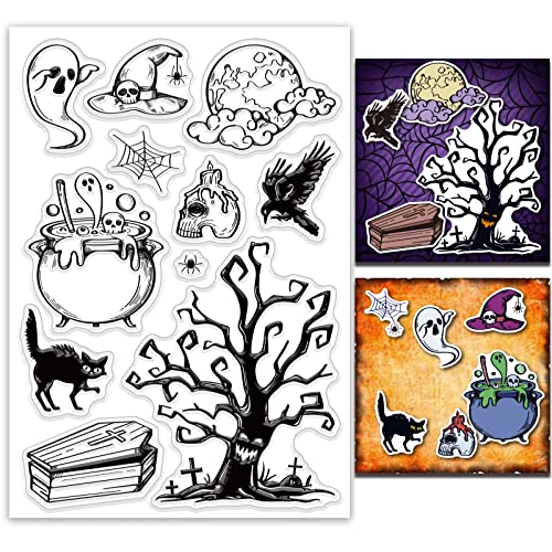 ORIGACH Halloween Verwelkter Baum Katze Kreatur Sarg Silikonstempel Silikondichtung Klarer Stempel für die Kartenherstellung, Dekoration und DIY Scrapbooking von ORIGACH
