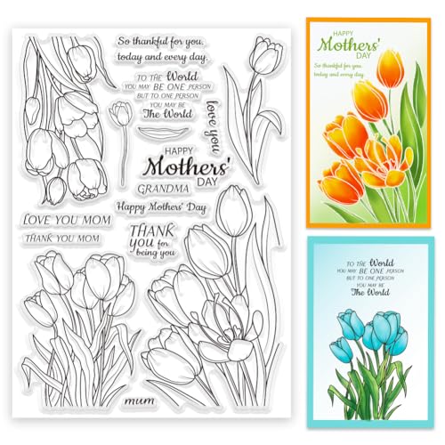 ORIGACH Happy Mother's Day Clear Stamps Tulpen Sprüche Silikonstempel für Karten machen DIY Scrapbooking Fotoalbum Dekoration, 29.7x21cm/11.7x8.3inch von ORIGACH