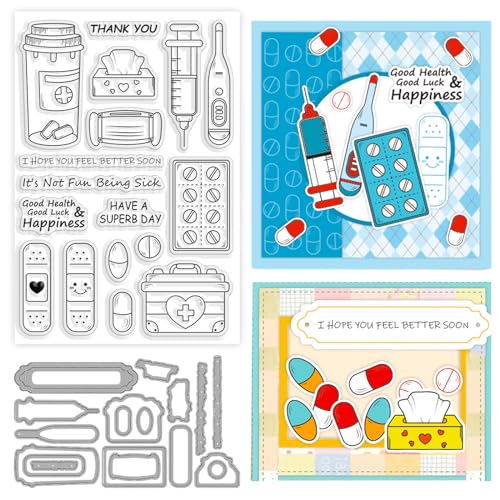 ORIGACH Krank Thema Klare Stempel und Stanzformen Set für die Herstellung von Gute Besserung Karte krank Silikon Stempel Stanzen für DIY Scrapbooking Album dekorative von ORIGACH