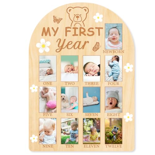 ORIGACH Mein Erstes Jahr Fotoanzeige aus Holz, Personalisierter Bilderrahmen Baby Meilensteintafel Für Neugeborene Babys Geburtstag Kinderzimmer Dekor, Bär von ORIGACH