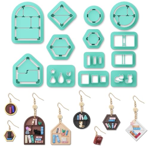 ORIGACH Mini-Bücherregal-Modelliermassen-Ausstecher, Buchvasen-Rahmen-Design, Tonschneider für Polymerton, Schmuck, Ohrringe, mit einer transparenten Aufbewahrungsbox, 13 Stück von ORIGACH