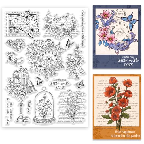 ORIGACH Mystischer Garten Große klare Stempel für Kartenherstellung Vintage Blumen und Vögel Transparente Silikonstempel für Junk Journal DIY Scrapbooking und Album Dekorative von ORIGACH