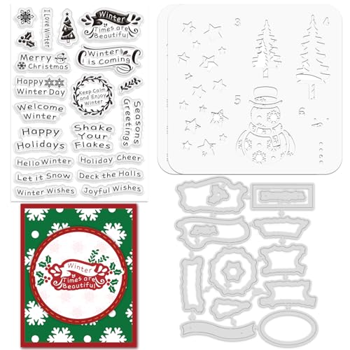 ORIGACH Schablone für Grußkarten, Motiv: Winterwünsche, Frohe Weihnachten, Silikon, transparente Stempel und Metall-Stanzformen für DIY, Scrapbooking, Fotoalbum, Basteln von ORIGACH