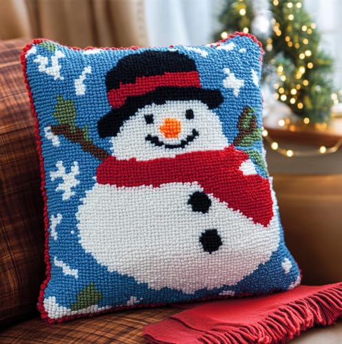 ORLUMY Diy Knüpfhaken-Set Latch Hook Kissen Kit, Winterschneemann 43X43Cm,17X17Zoll Kinder Kissenbezu Kit Knüpfkissen Latch Hooking Canvas von ORLUMY