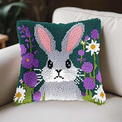 ORLUMY Knüpfkissen Set Graues Kaninchen Und Blumen Knüpfkissen Set Für Anfänger Erwachsene Oder Kinder Zum Selber Knüpfen,Diy Knüpfteppich Knüpfpackung,43X43Cm von ORLUMY