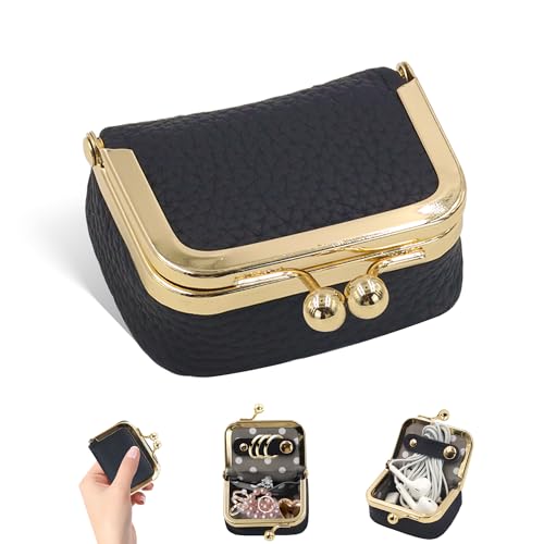 ORNAROVI Mini-Reise-Schmuckkästchen aus Leder, winzige, niedliche Reise-Schmuckschatulle mit kleinem Kussschloss für Frauen, tragbare Münzbörse für Ringe, Halsketten, Ohrringe (schwarz) von ORNAROVI