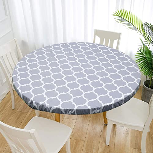 Runde Elastische Tischdecke Runde Outdoor Tischdecke mit Gummizug und Flanellrücken Wasserdicht Abwischbar Elastische Gartentischdecke für 90cm–140cm Runder Tisch (114-142cm, Graue Streifen) von OROMYO