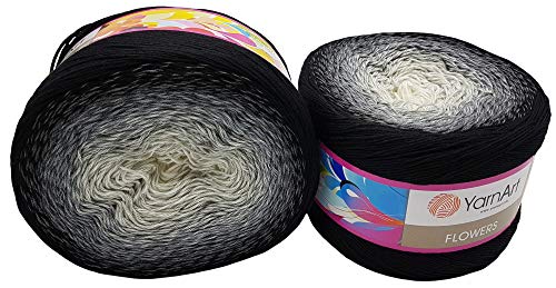 YarnArt Flowers 500 Gramm Bobbel Wolle Farbverlauf, 55% Baumwolle, Bobble Strickwolle Mehrfarbig (schwarz grau weiß 253) von Yarn Art Flowers