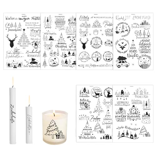 ORUZA Kerzentattoos Weihnachten, 6 Stück Kerzen Tattoo Folie DIY Kerzensticker, Selbstklebend DIY Tattoo Stickerbogen für Stabkerzen und Geschenk, Schwarz von ORUZA