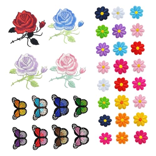 OSALADI 36 Stück Teiliges Bunte Blumen und Schmetterlings Patches zum Aufbügeln für Diy Bekleidung Taschen und Bastelprojekte Langlebige Hautfreundliche Stoffaufnäher von OSALADI