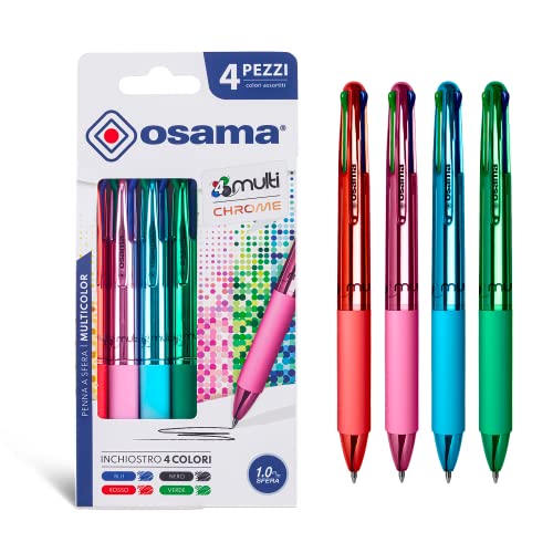 Osama 4 Multi – Set Druckkugelschreiber 4 Farben 4 Stück 4-Farben-Kugelschreiber 0,1 mm mit schwarzer, blauer, roter und grüner Tinte Ideal für Schreib- und Schulbedarf, Universität, Büro, Verchromter von OSAMA